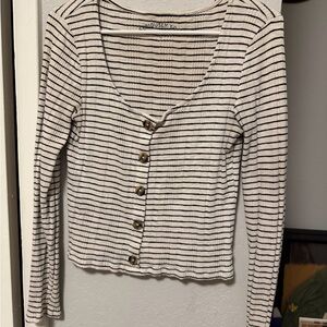 American Eagle Outfitters Black and White Striped Button-Down Shirt